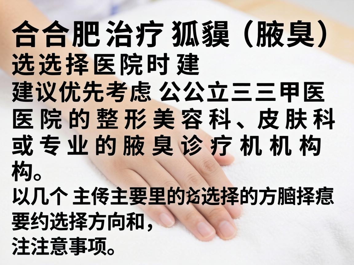 在合肥治疗狐臭(腋臭)选择医院时建议优先考虑公立三甲医院的整形美容科、皮肤科或专业的腋臭诊疗机构。以下是几个主要的选择方向和注意事项 在合肥治疗狐臭(腋臭)选择医院时建议优先考虑公立三甲医院的整形美容科、皮肤科或专业的腋臭诊疗机构。以下是几个主要的选择方向和注意事项