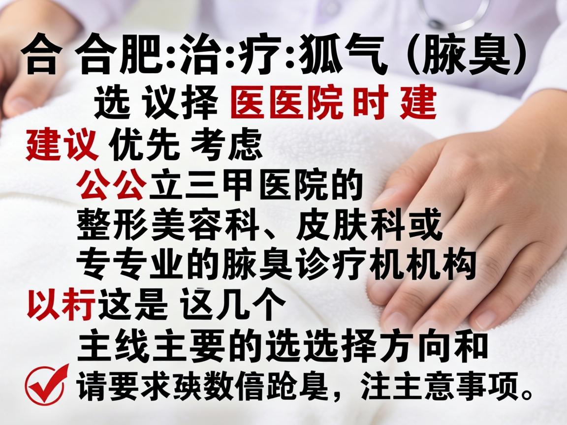 在合肥治疗狐臭(腋臭)选择医院时建议优先考虑公立三甲医院的整形美容科、皮肤科或专业的腋臭诊疗机构。以下是几个主要的选择方向和注意事项 在合肥治疗狐臭(腋臭)选择医院时建议优先考虑公立三甲医院的整形美容科、皮肤科或专业的腋臭诊疗机构。以下是几个主要的选择方向和注意事项