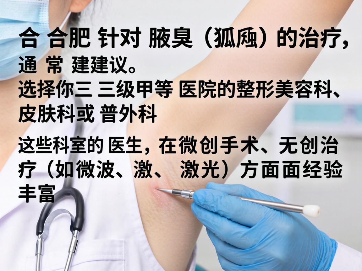 在合肥,针对腋臭(狐臭)的治疗,通常建议选择三级甲等医院的整形美容科、皮肤科或普外科。这些科室的医生在微创手术、无创治疗(如微波、激光)方面经验丰富 在合肥,针对腋臭(狐臭)的治疗,通常建议选择三级甲等医院的整形美容科、皮肤科或普外科。这些科室的医生在微创手术、无创治疗(如微波、激光)方面经验丰富