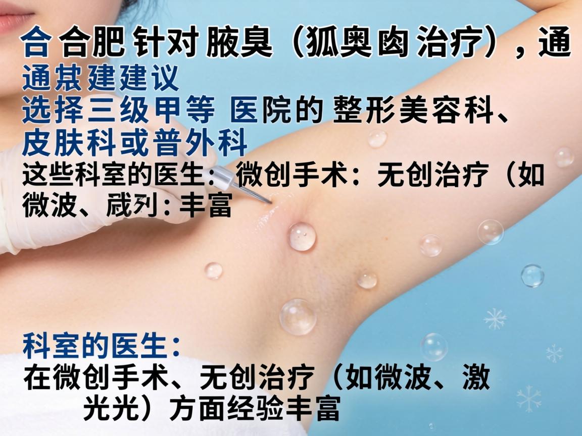 在合肥,针对腋臭(狐臭)的治疗,通常建议选择三级甲等医院的整形美容科、皮肤科或普外科。这些科室的医生在微创手术、无创治疗(如微波、激光)方面经验丰富 在合肥,针对腋臭(狐臭)的治疗,通常建议选择三级甲等医院的整形美容科、皮肤科或普外科。这些科室的医生在微创手术、无创治疗(如微波、激光)方面经验丰富