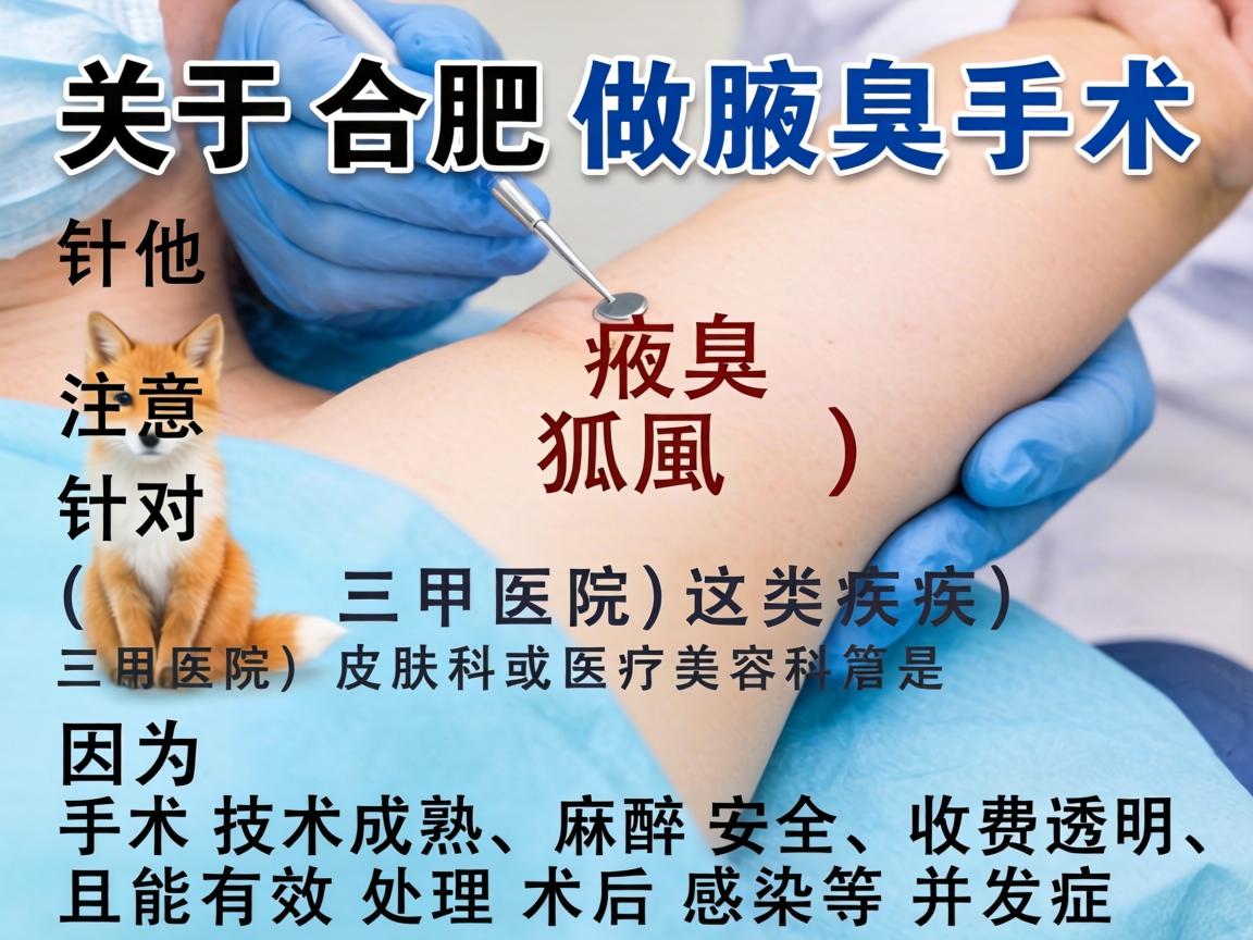 关于合肥做腋臭手术的医院选择,这是一个很具体的医疗需求。需要注意,针对腋臭(狐臭)这类疾病,三甲医院的皮肤科或医疗美容科是首选,因为手术技术成熟、麻醉安全、收费透明,且能有效处理术后感染等并发症 关于合肥做腋臭手术的医院选择,这是一个很具体的医疗需求。需要注意,针对腋臭(狐臭)这类疾病,三甲医院的皮肤科或医疗美容科是首选,因为手术技术成熟、麻醉安全、收费透明,且能有效处理术后感染等并发症