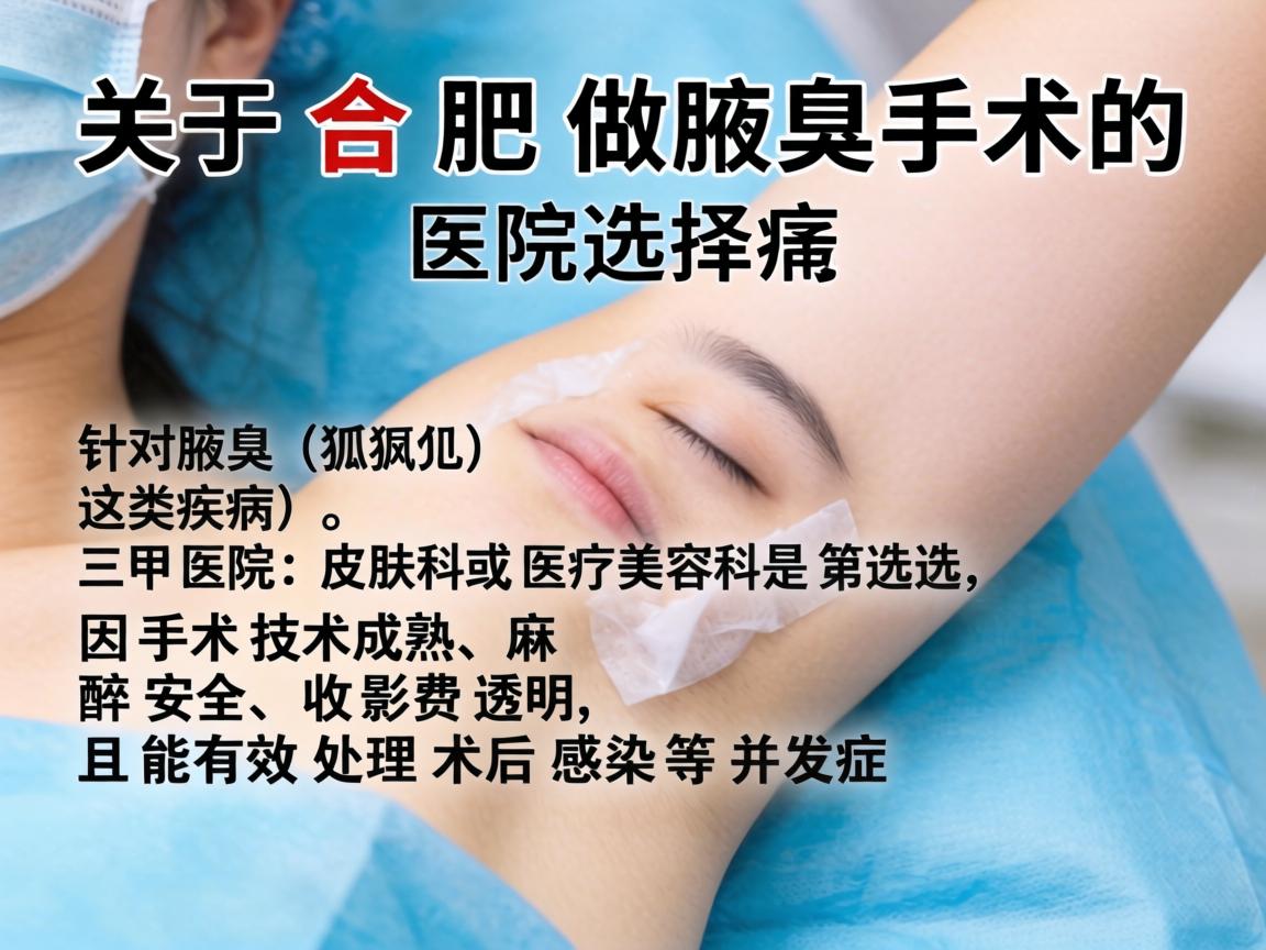 关于合肥做腋臭手术的医院选择,这是一个很具体的医疗需求。需要注意,针对腋臭(狐臭)这类疾病,三甲医院的皮肤科或医疗美容科是首选,因为手术技术成熟、麻醉安全、收费透明,且能有效处理术后感染等并发症 关于合肥做腋臭手术的医院选择,这是一个很具体的医疗需求。需要注意,针对腋臭(狐臭)这类疾病,三甲医院的皮肤科或医疗美容科是首选,因为手术技术成熟、麻醉安全、收费透明,且能有效处理术后感染等并发症
