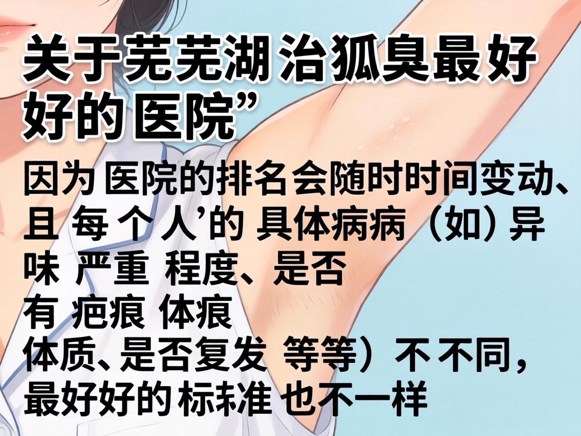 关于芜湖治狐臭最好的医院,因为医院的排名会随时间变动、且每个人的具体病情(如异味严重程度、是否有疤痕体质、是否复发等)不同,最好的标准也不一样 关于芜湖治狐臭最好的医院,因为医院的排名会随时间变动、且每个人的具体病情(如异味严重程度、是否有疤痕体质、是否复发等)不同,最好的标准也不一样