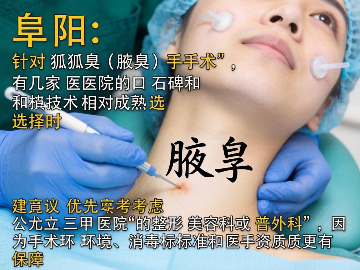 在阜阳,针对狐臭(腋臭)手术,有几家医院的口碑和技术相对成熟。选择时建议优先考虑公立三甲医院的整形美容科或普外科,因为手术环境、消毒标准和医生资质更有保障 在阜阳,针对狐臭(腋臭)手术,有几家医院的口碑和技术相对成熟。选择时建议优先考虑公立三甲医院的整形美容科或普外科,因为手术环境、消毒标准和医生资质更有保障