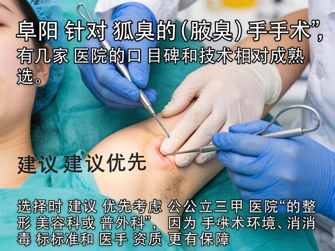 在阜阳,针对狐臭(腋臭)手术,有几家医院的口碑和技术相对成熟。选择时建议优先考虑公立三甲医院的整形美容科或普外科,因为手术环境、消毒标准和医生资质更有保障 在阜阳,针对狐臭(腋臭)手术,有几家医院的口碑和技术相对成熟。选择时建议优先考虑公立三甲医院的整形美容科或普外科,因为手术环境、消毒标准和医生资质更有保障