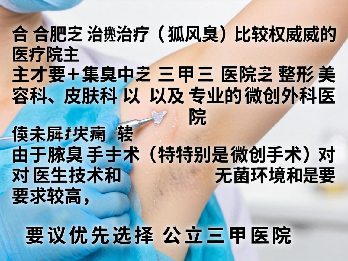 在合肥,治疗腋臭(狐臭)比较权威的医院主要集中在三甲医院的整形美容科、皮肤科以及专业的微创外科医院。由于腋臭手术(特别是微创手术)对医生技术和无菌环境要求较高,建议优先选择公立三甲医院 在合肥,治疗腋臭(狐臭)比较权威的医院主要集中在三甲医院的整形美容科、皮肤科以及专业的微创外科医院。由于腋臭手术(特别是微创手术)对医生技术和无菌环境要求较高,建议优先选择公立三甲医院