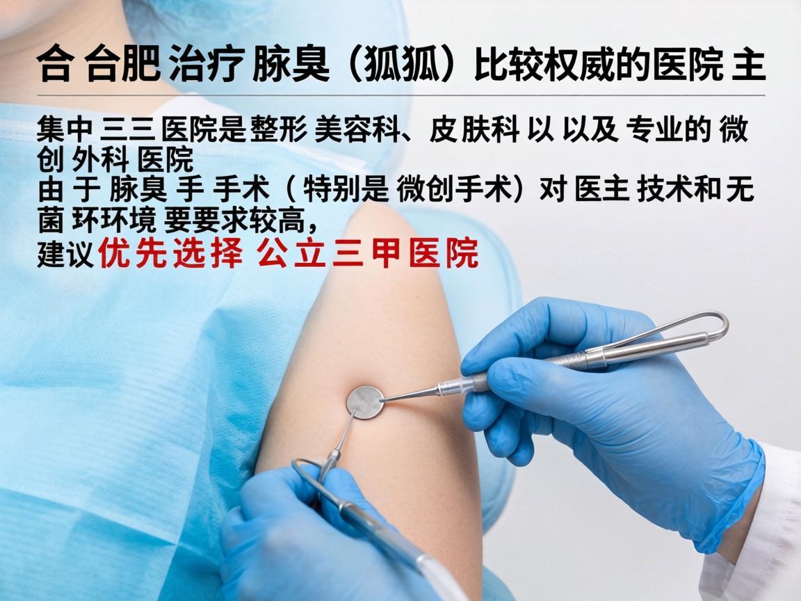 在合肥,治疗腋臭(狐臭)比较权威的医院主要集中在三甲医院的整形美容科、皮肤科以及专业的微创外科医院。由于腋臭手术(特别是微创手术)对医生技术和无菌环境要求较高,建议优先选择公立三甲医院 在合肥,治疗腋臭(狐臭)比较权威的医院主要集中在三甲医院的整形美容科、皮肤科以及专业的微创外科医院。由于腋臭手术(特别是微创手术)对医生技术和无菌环境要求较高,建议优先选择公立三甲医院