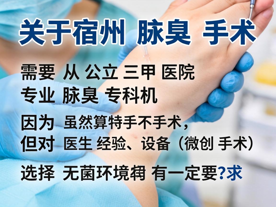 关于宿州腋臭手术的医院选择，需要从公立三甲医院和专业专科机构两个维度来分析，因为腋臭手术虽然不算特大手术，但对医生经验、设备（如微创手术）和无菌环境有一定要求