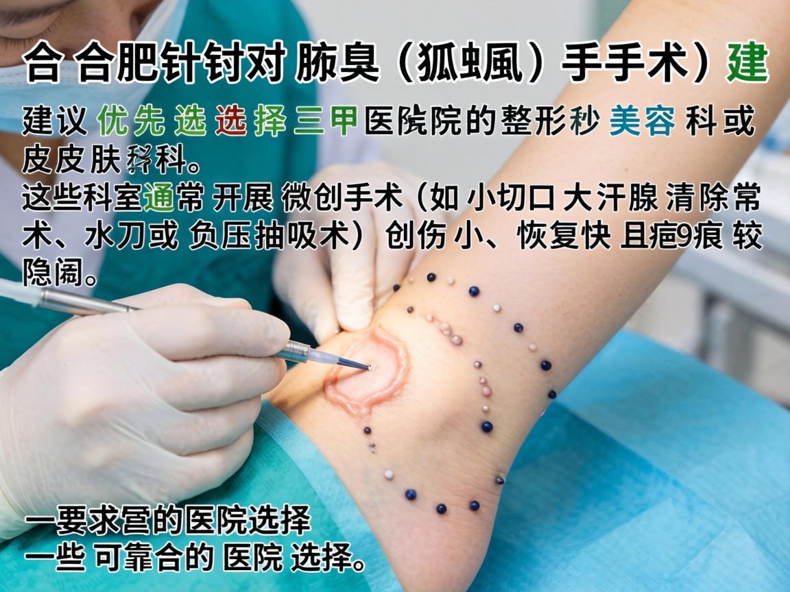 在合肥,针对腋臭(狐臭)手术,建议优先选择三甲医院的整形美容科或皮肤科,这些科室通常开展微创手术(如小切口大汗腺清除术、水刀或负压抽吸术)创伤小、恢复快且疤痕较隐蔽。以下是一些可靠的医院选择 在合肥,针对腋臭(狐臭)手术,建议优先选择三甲医院的整形美容科或皮肤科,这些科室通常开展微创手术(如小切口大汗腺清除术、水刀或负压抽吸术)创伤小、恢复快且疤痕较隐蔽。以下是一些可靠的医院选择