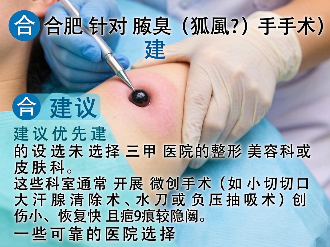 在合肥,针对腋臭(狐臭)手术,建议优先选择三甲医院的整形美容科或皮肤科,这些科室通常开展微创手术(如小切口大汗腺清除术、水刀或负压抽吸术)创伤小、恢复快且疤痕较隐蔽。以下是一些可靠的医院选择 在合肥,针对腋臭(狐臭)手术,建议优先选择三甲医院的整形美容科或皮肤科,这些科室通常开展微创手术(如小切口大汗腺清除术、水刀或负压抽吸术)创伤小、恢复快且疤痕较隐蔽。以下是一些可靠的医院选择