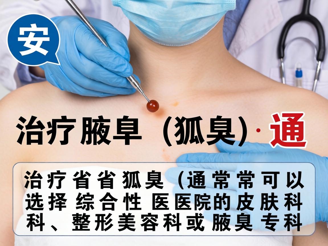 在安徽省内,治疗腋臭(狐臭)通常可以选择综合性医院的皮肤科、整形美容科或腋臭专科 在安徽省内,治疗腋臭(狐臭)通常可以选择综合性医院的皮肤科、整形美容科或腋臭专科