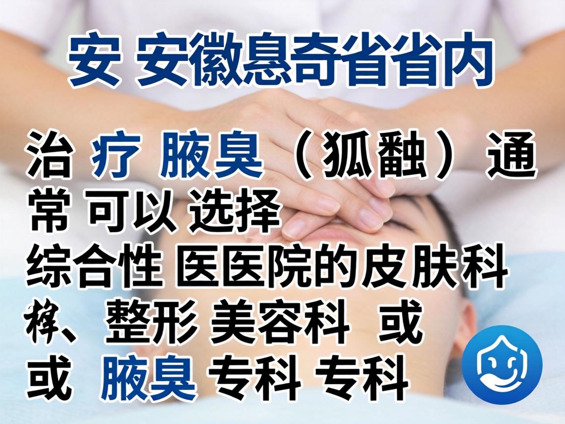 在安徽省内,治疗腋臭(狐臭)通常可以选择综合性医院的皮肤科、整形美容科或腋臭专科 在安徽省内,治疗腋臭(狐臭)通常可以选择综合性医院的皮肤科、整形美容科或腋臭专科