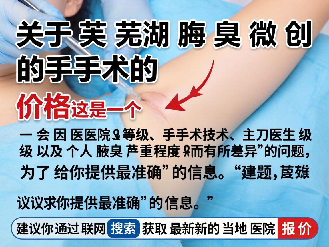 关于芜湖腋臭微创手术的价格,这是一个会因医院等级、手术技术、主刀医生级别以及个人腋臭严重程度而有所差异的问题。为了给你提供最准确的信息,建议你通过联网搜索获取最新的当地医院报价 关于芜湖腋臭微创手术的价格,这是一个会因医院等级、手术技术、主刀医生级别以及个人腋臭严重程度而有所差异的问题。为了给你提供最准确的信息,建议你通过联网搜索获取最新的当地医院报价