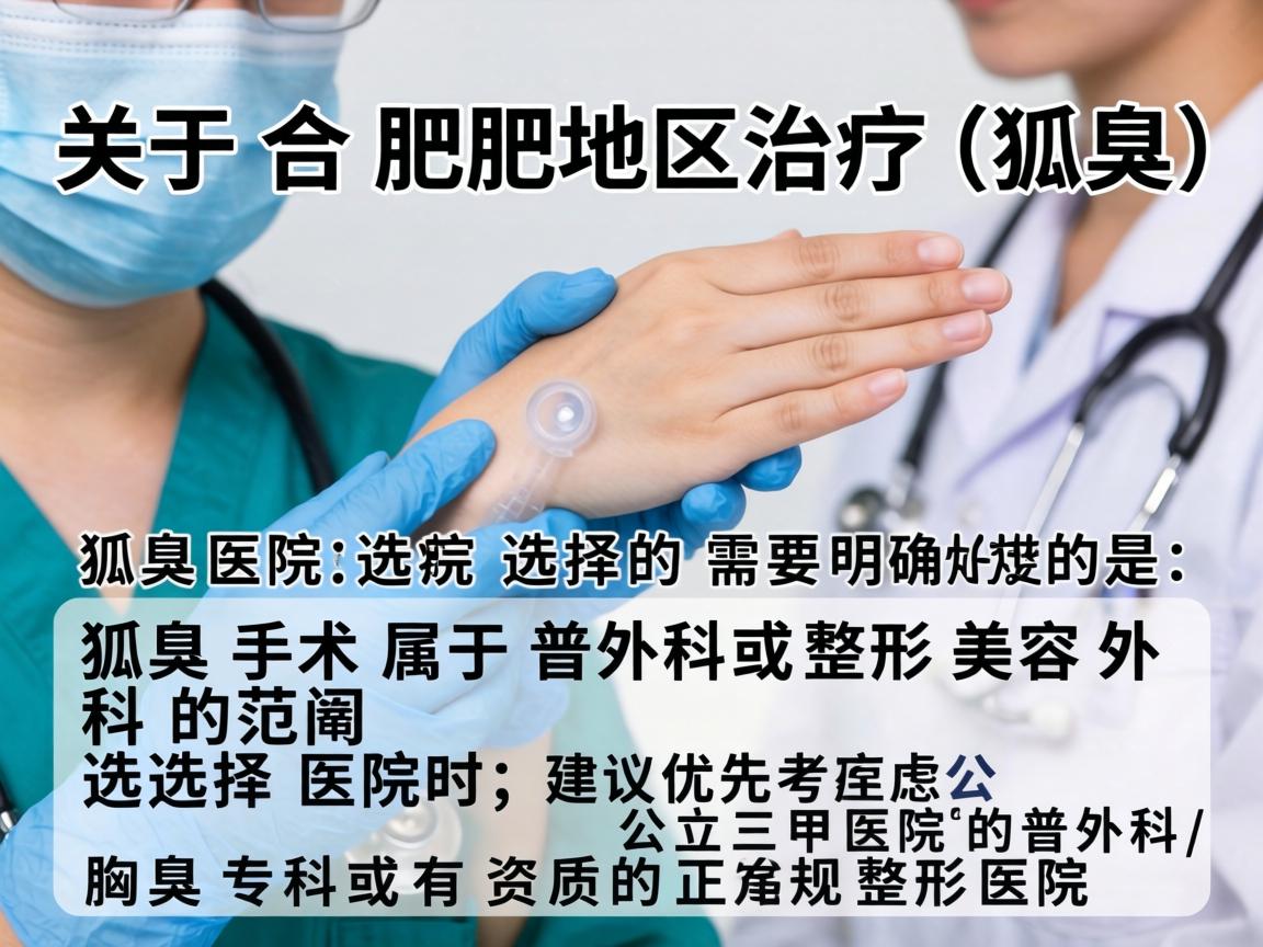 关于合肥地区治疗狐臭(腋臭)的医院选择,需要明确的是,狐臭手术属于普外科或整形美容外科的范畴。选择医院时,建议优先考虑公立三甲医院的普外科/腋臭专科或有资质的正规整形医院 关于合肥地区治疗狐臭(腋臭)的医院选择,需要明确的是,狐臭手术属于普外科或整形美容外科的范畴。选择医院时,建议优先考虑公立三甲医院的普外科/腋臭专科或有资质的正规整形医院