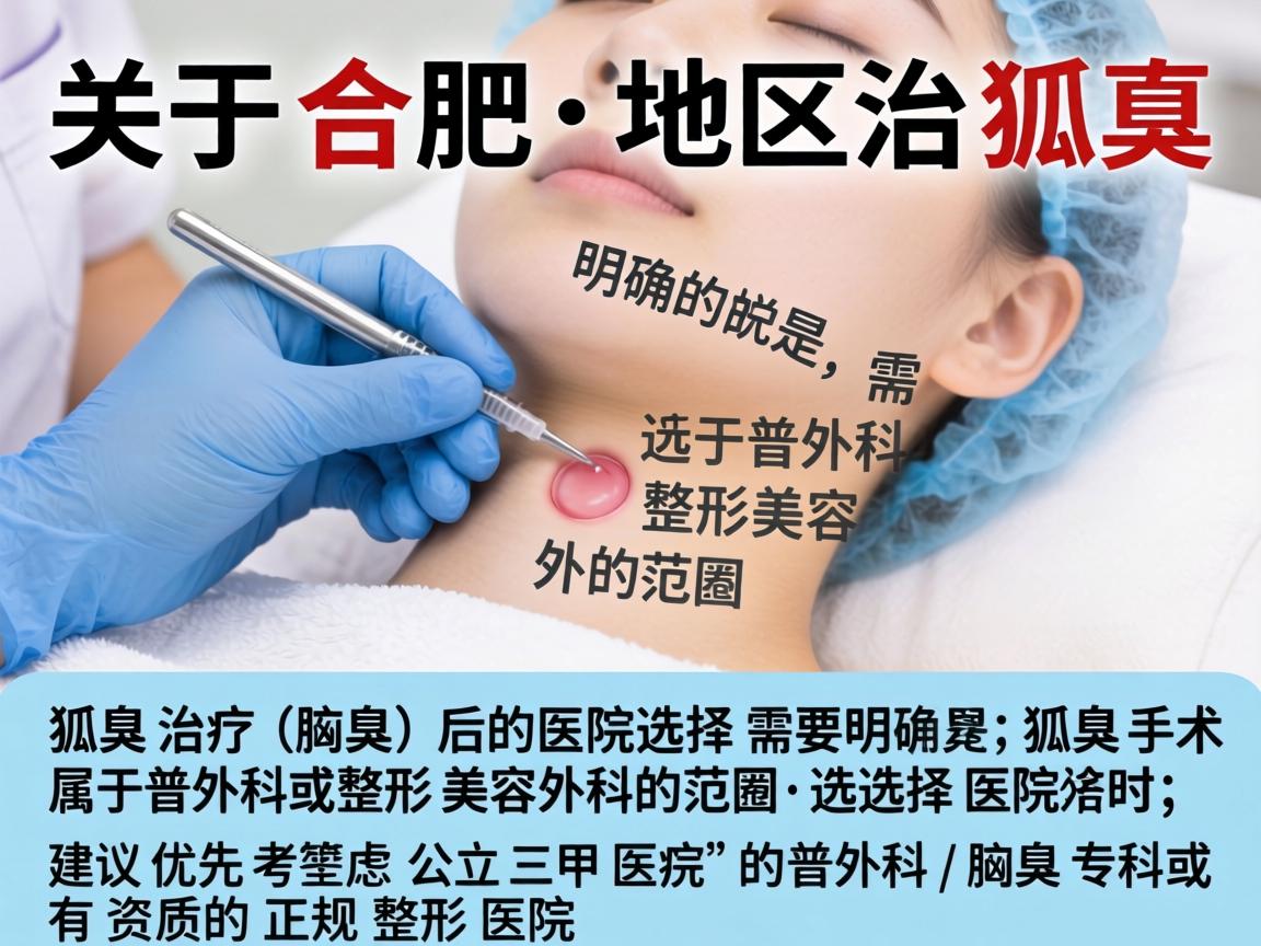关于合肥地区治疗狐臭(腋臭)的医院选择,需要明确的是,狐臭手术属于普外科或整形美容外科的范畴。选择医院时,建议优先考虑公立三甲医院的普外科/腋臭专科或有资质的正规整形医院 关于合肥地区治疗狐臭(腋臭)的医院选择,需要明确的是,狐臭手术属于普外科或整形美容外科的范畴。选择医院时,建议优先考虑公立三甲医院的普外科/腋臭专科或有资质的正规整形医院