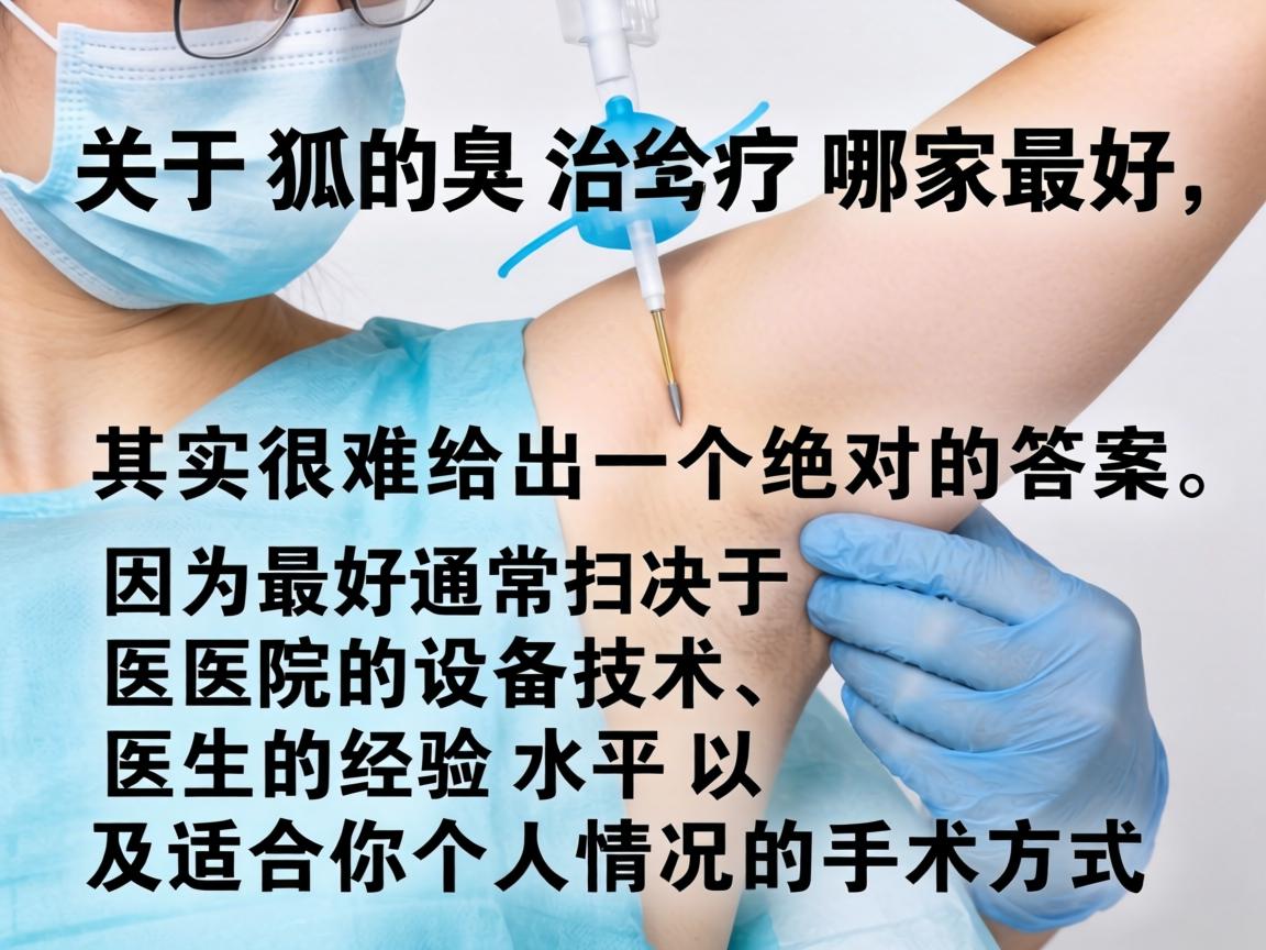关于狐臭治疗哪家最好,其实很难给出一个绝对的答案,因为最好通常取决于医院的设备技术、医生的经验水平以及适合你个人情况的手术方式 关于狐臭治疗哪家最好,其实很难给出一个绝对的答案,因为最好通常取决于医院的设备技术、医生的经验水平以及适合你个人情况的手术方式