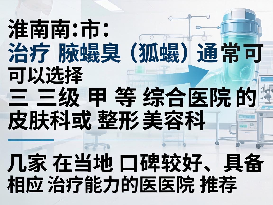 在淮南市,治疗腋臭(狐臭)通常可以选择三级甲等综合医院的皮肤科或整形美容科。以下是几家在当地口碑较好、具备相应治疗能力的医院推荐 在淮南市,治疗腋臭(狐臭)通常可以选择三级甲等综合医院的皮肤科或整形美容科。以下是几家在当地口碑较好、具备相应治疗能力的医院推荐