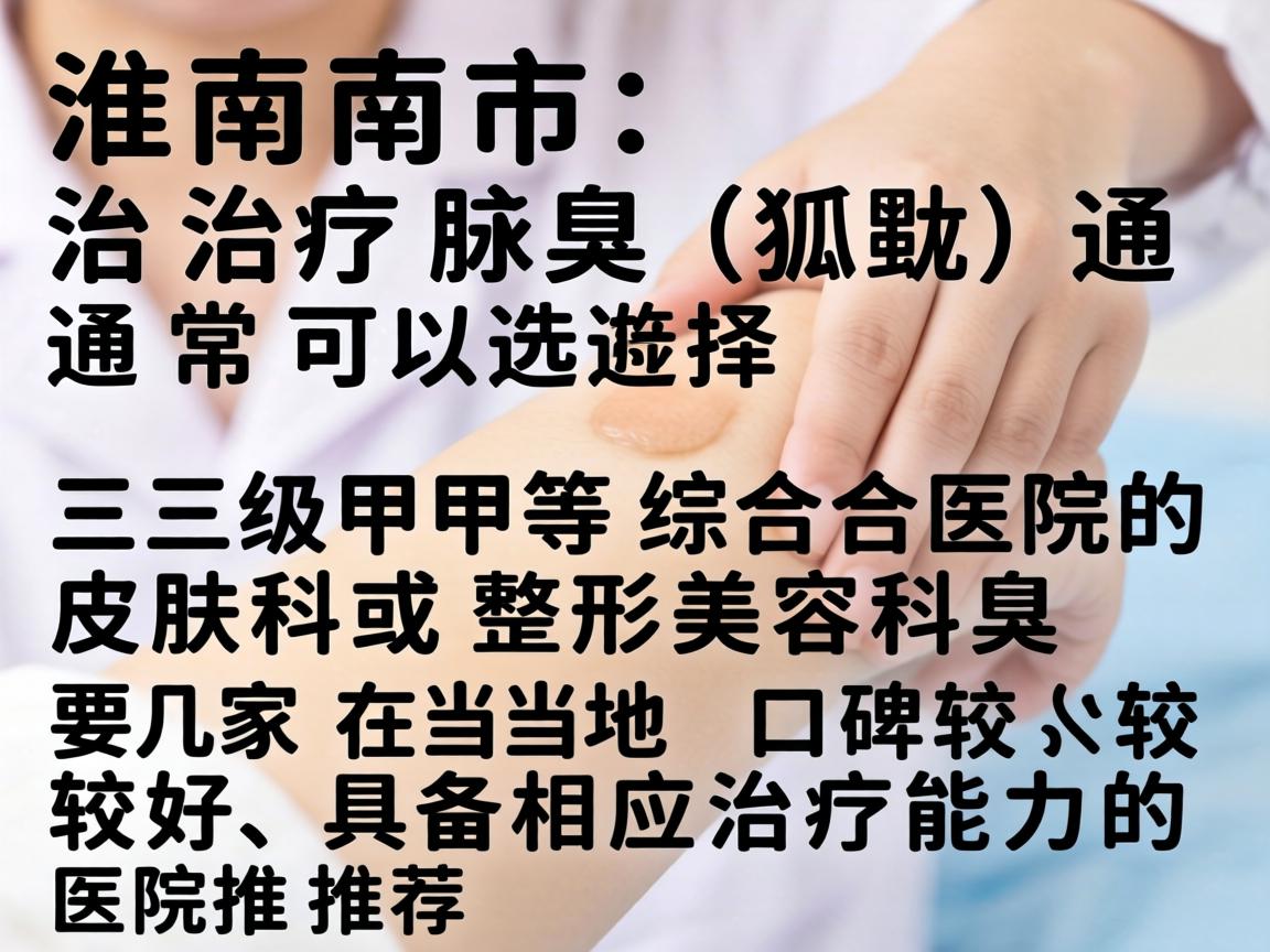 在淮南市,治疗腋臭(狐臭)通常可以选择三级甲等综合医院的皮肤科或整形美容科。以下是几家在当地口碑较好、具备相应治疗能力的医院推荐 在淮南市,治疗腋臭(狐臭)通常可以选择三级甲等综合医院的皮肤科或整形美容科。以下是几家在当地口碑较好、具备相应治疗能力的医院推荐