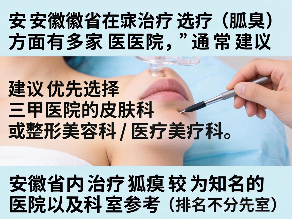 安徽省在治疗狐臭(腋臭)方面有多家医院,通常建议优先选择三甲医院的皮肤科或整形美容科/医疗美容科。以下是安徽省内治疗狐臭较为知名的医院及科室参考(排名不分先后) 安徽省在治疗狐臭(腋臭)方面有多家医院,通常建议优先选择三甲医院的皮肤科或整形美容科/医疗美容科。以下是安徽省内治疗狐臭较为知名的医院及科室参考(排名不分先后)