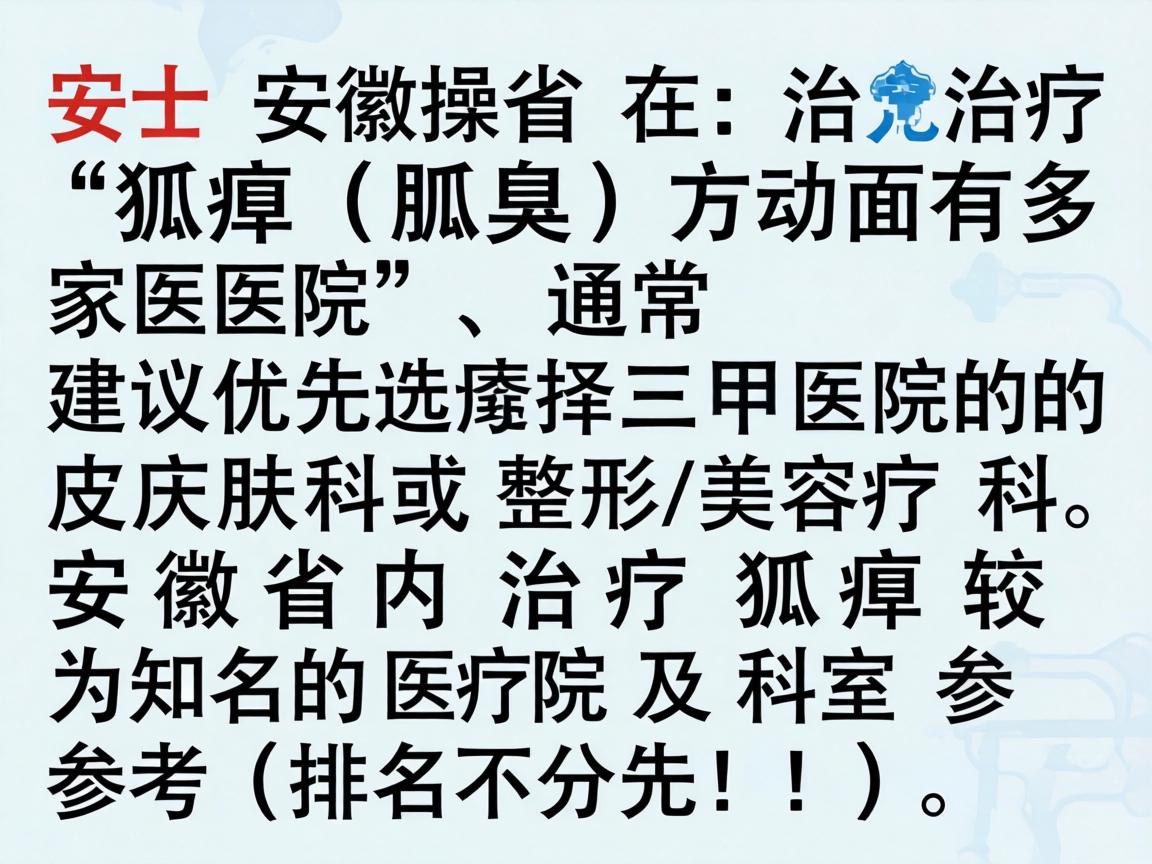 安徽省在治疗狐臭(腋臭)方面有多家医院,通常建议优先选择三甲医院的皮肤科或整形美容科/医疗美容科。以下是安徽省内治疗狐臭较为知名的医院及科室参考(排名不分先后) 安徽省在治疗狐臭(腋臭)方面有多家医院,通常建议优先选择三甲医院的皮肤科或整形美容科/医疗美容科。以下是安徽省内治疗狐臭较为知名的医院及科室参考(排名不分先后)