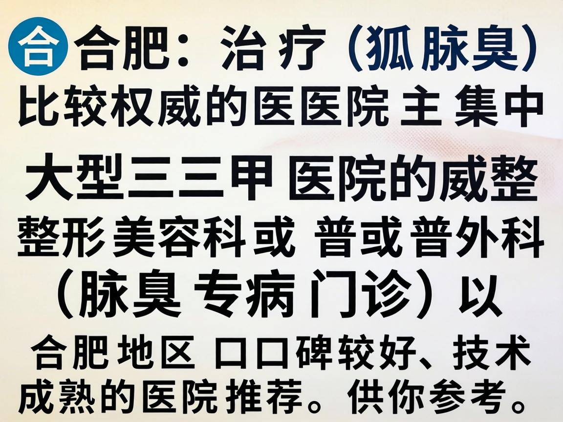 在合肥,治疗狐臭(腋臭)比较权威的医院主要集中在大型三甲医院的整形美容科或普外科(腋臭专病门诊)以下是合肥地区口碑较好、技术成熟的医院推荐,供你参考 在合肥,治疗狐臭(腋臭)比较权威的医院主要集中在大型三甲医院的整形美容科或普外科(腋臭专病门诊)以下是合肥地区口碑较好、技术成熟的医院推荐,供你参考