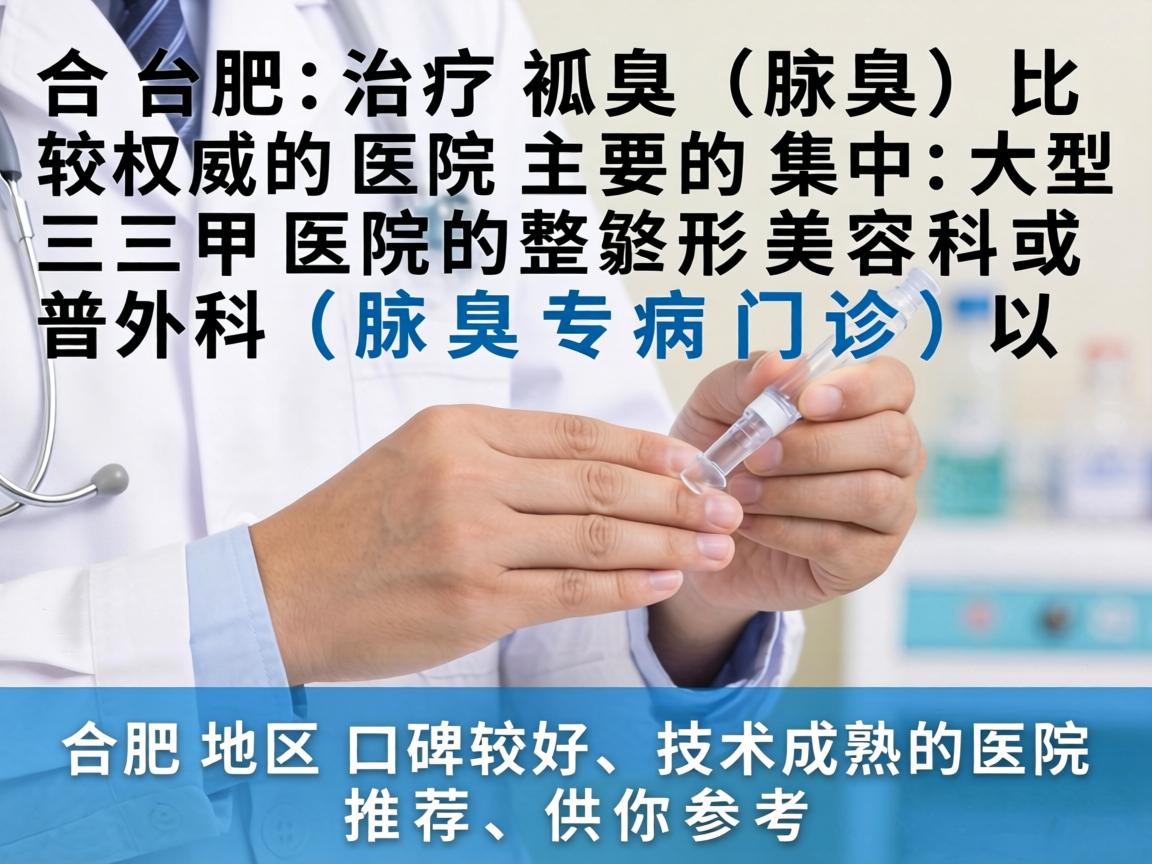 在合肥,治疗狐臭(腋臭)比较权威的医院主要集中在大型三甲医院的整形美容科或普外科(腋臭专病门诊)以下是合肥地区口碑较好、技术成熟的医院推荐,供你参考 在合肥,治疗狐臭(腋臭)比较权威的医院主要集中在大型三甲医院的整形美容科或普外科(腋臭专病门诊)以下是合肥地区口碑较好、技术成熟的医院推荐,供你参考