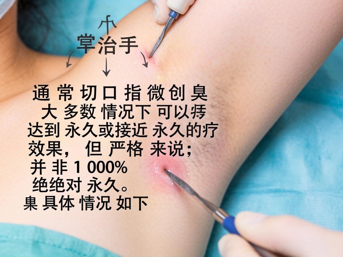 小切口治疗腋臭(通常指微创手术)大多数情况下可以达到永久或接近永久的效果,但严格来说,并非100%绝对永久。具体情况如下 小切口治疗腋臭(通常指微创手术)大多数情况下可以达到永久或接近永久的效果,但严格来说,并非100%绝对永久。具体情况如下