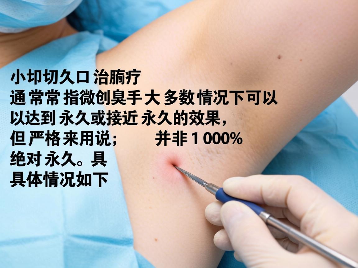 小切口治疗腋臭(通常指微创手术)大多数情况下可以达到永久或接近永久的效果,但严格来说,并非100%绝对永久。具体情况如下 小切口治疗腋臭(通常指微创手术)大多数情况下可以达到永久或接近永久的效果,但严格来说,并非100%绝对永久。具体情况如下