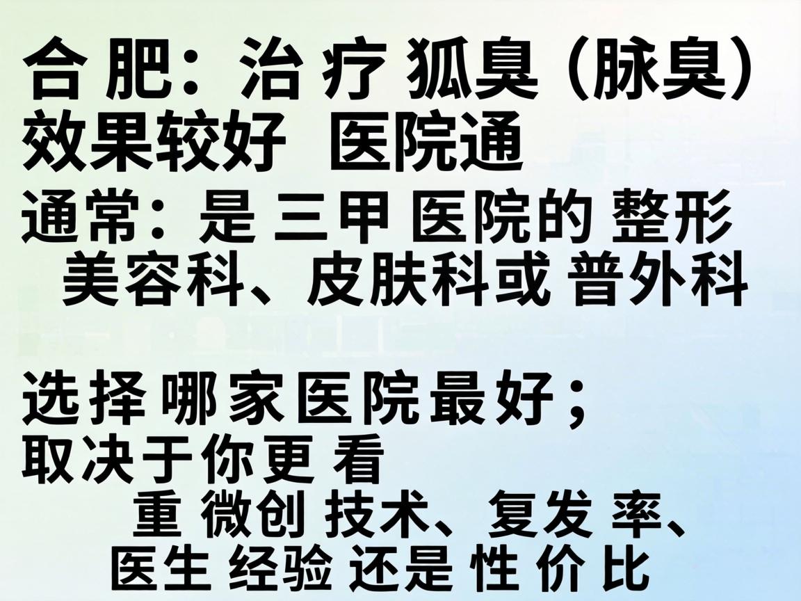 在合肥,治疗狐臭(腋臭)效果较好的医院通常是三甲医院的整形美容科、皮肤科或普外科。选择哪家医院最好,取决于你更看重微创技术、复发率、医生经验还是性价比 在合肥,治疗狐臭(腋臭)效果较好的医院通常是三甲医院的整形美容科、皮肤科或普外科。选择哪家医院最好,取决于你更看重微创技术、复发率、医生经验还是性价比
