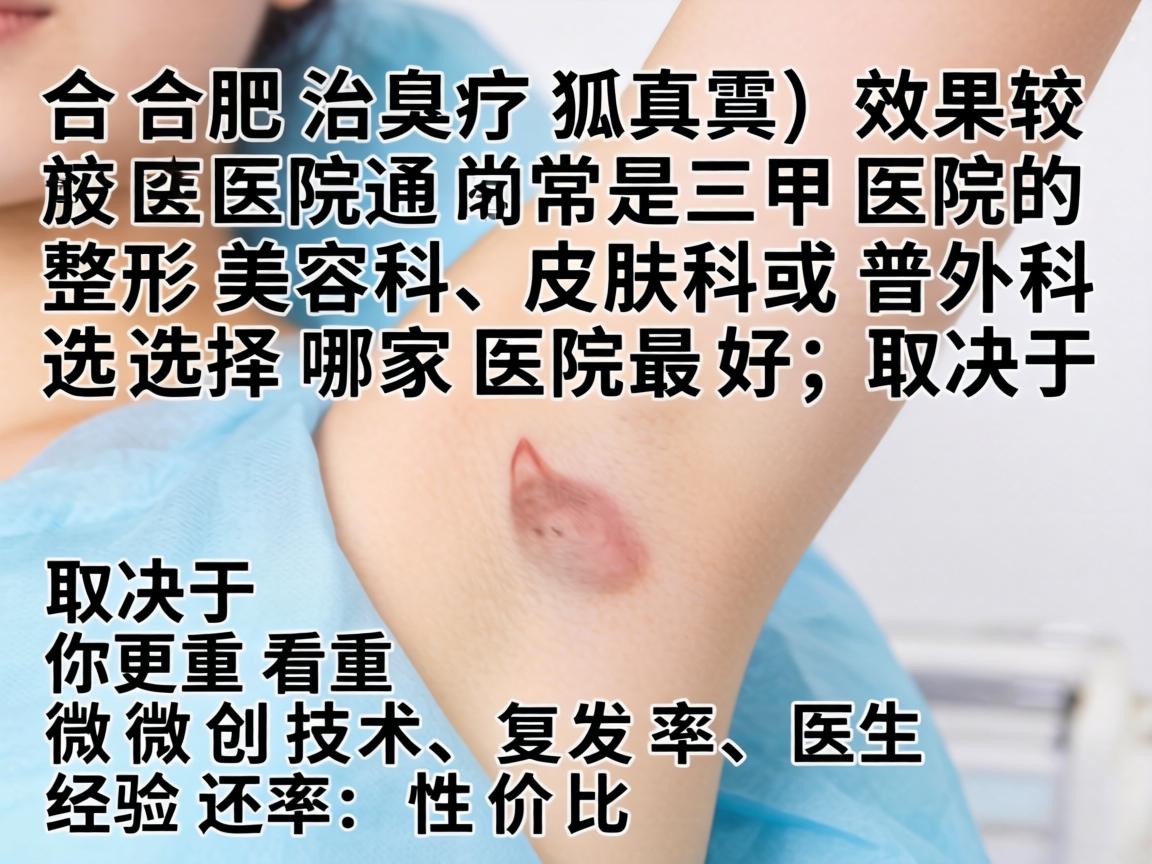 在合肥,治疗狐臭(腋臭)效果较好的医院通常是三甲医院的整形美容科、皮肤科或普外科。选择哪家医院最好,取决于你更看重微创技术、复发率、医生经验还是性价比 在合肥,治疗狐臭(腋臭)效果较好的医院通常是三甲医院的整形美容科、皮肤科或普外科。选择哪家医院最好,取决于你更看重微创技术、复发率、医生经验还是性价比