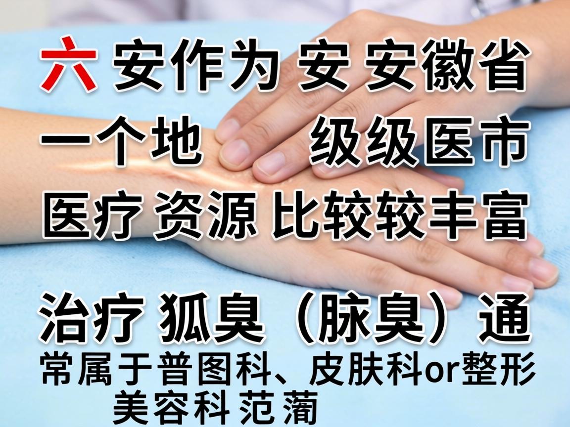 六安作为安徽省的一个地级市,医疗资源比较丰富。治疗狐臭(腋臭)通常属于普外科、皮肤科或整形美容科的范畴 六安作为安徽省的一个地级市,医疗资源比较丰富。治疗狐臭(腋臭)通常属于普外科、皮肤科或整形美容科的范畴