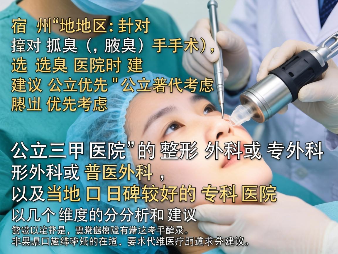 在宿州地区,针对狐臭(腋臭)手术,选择医院时建议优先考虑公立三甲医院的整形外科或普外科,以及当地口碑较好的专科医院。以下是几个维度的分析和建议 在宿州地区,针对狐臭(腋臭)手术,选择医院时建议优先考虑公立三甲医院的整形外科或普外科,以及当地口碑较好的专科医院。以下是几个维度的分析和建议