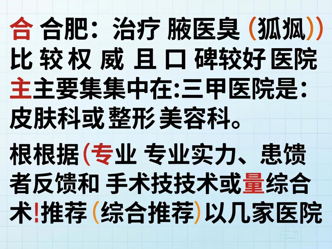 在合肥,治疗腋臭(狐臭)比较权威且口碑较好的医院主要集中在三甲医院的皮肤科或整形美容科。以下是根据专业实力、患者反馈和手术技术综合推荐的几家医院 在合肥,治疗腋臭(狐臭)比较权威且口碑较好的医院主要集中在三甲医院的皮肤科或整形美容科。以下是根据专业实力、患者反馈和手术技术综合推荐的几家医院