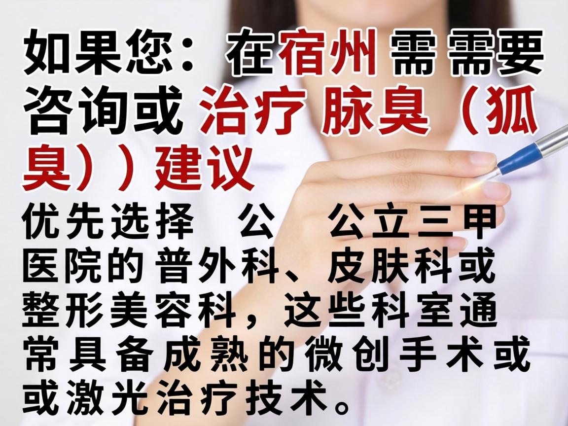 如果您在宿州需要咨询或治疗腋臭(狐臭)建议优先选择公立三甲医院的普外科、皮肤科或整形美容科,这些科室通常具备成熟的微创手术或激光治疗技术 如果您在宿州需要咨询或治疗腋臭(狐臭)建议优先选择公立三甲医院的普外科、皮肤科或整形美容科,这些科室通常具备成熟的微创手术或激光治疗技术