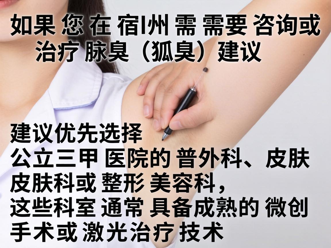 如果您在宿州需要咨询或治疗腋臭(狐臭)建议优先选择公立三甲医院的普外科、皮肤科或整形美容科,这些科室通常具备成熟的微创手术或激光治疗技术 如果您在宿州需要咨询或治疗腋臭(狐臭)建议优先选择公立三甲医院的普外科、皮肤科或整形美容科,这些科室通常具备成熟的微创手术或激光治疗技术