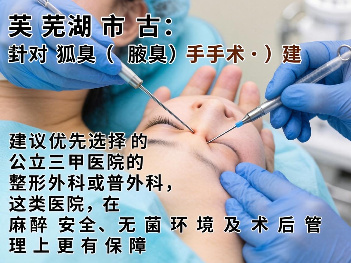在芜湖市,针对狐臭(腋臭)手术,建议优先选择公立三甲医院的整形外科或普外科,这类医院在麻醉安全、无菌环境及术后管理上更有保障 在芜湖市,针对狐臭(腋臭)手术,建议优先选择公立三甲医院的整形外科或普外科,这类医院在麻醉安全、无菌环境及术后管理上更有保障