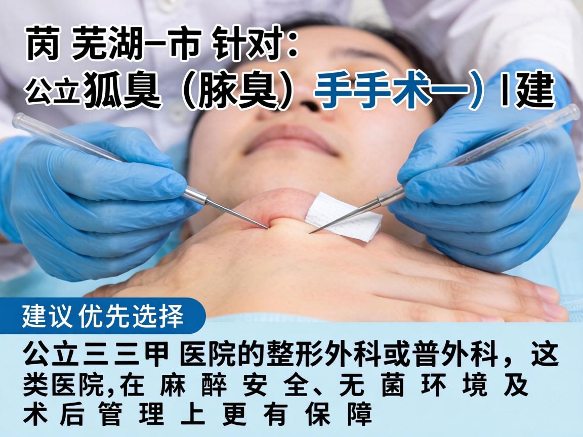 在芜湖市,针对狐臭(腋臭)手术,建议优先选择公立三甲医院的整形外科或普外科,这类医院在麻醉安全、无菌环境及术后管理上更有保障 在芜湖市,针对狐臭(腋臭)手术,建议优先选择公立三甲医院的整形外科或普外科,这类医院在麻醉安全、无菌环境及术后管理上更有保障