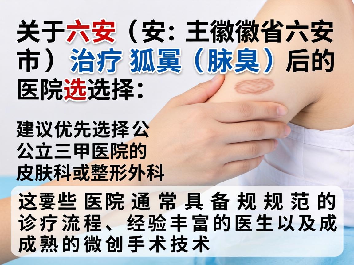 关于六安(安徽省六安市)治疗狐臭(腋臭)的医院选择,建议优先选择公立三甲医院的皮肤科或整形外科。这些医院通常具备规范的诊疗流程、经验丰富的医生以及成熟的微创手术技术 关于六安(安徽省六安市)治疗狐臭(腋臭)的医院选择,建议优先选择公立三甲医院的皮肤科或整形外科。这些医院通常具备规范的诊疗流程、经验丰富的医生以及成熟的微创手术技术