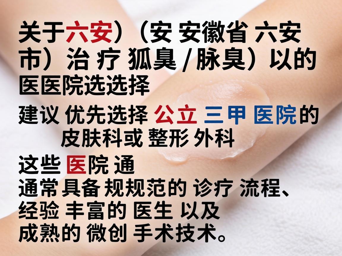 关于六安(安徽省六安市)治疗狐臭(腋臭)的医院选择,建议优先选择公立三甲医院的皮肤科或整形外科。这些医院通常具备规范的诊疗流程、经验丰富的医生以及成熟的微创手术技术 关于六安(安徽省六安市)治疗狐臭(腋臭)的医院选择,建议优先选择公立三甲医院的皮肤科或整形外科。这些医院通常具备规范的诊疗流程、经验丰富的医生以及成熟的微创手术技术