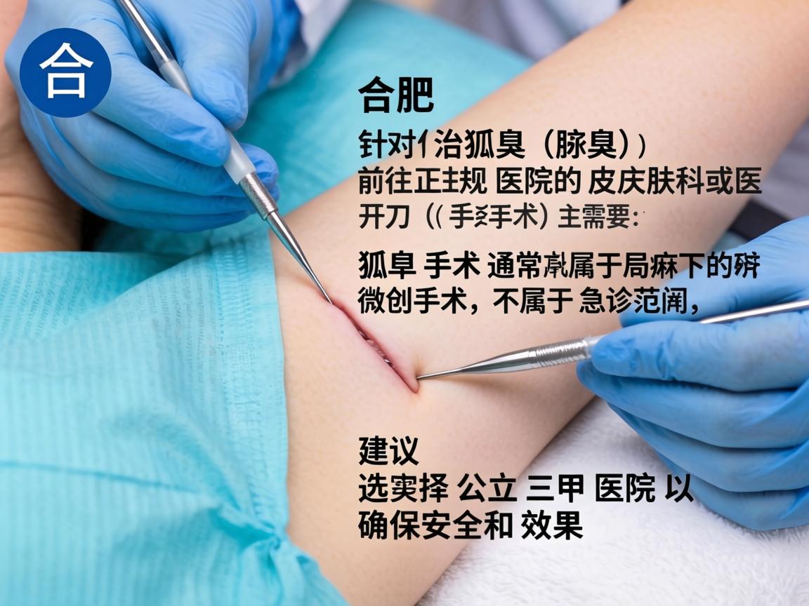 在合肥,针对狐臭(腋臭)的治疗和开刀(手术)主要需要前往正规医院的皮肤科或医疗美容科。狐臭手术通常属于局麻下的微创手术,不属于急诊范畴,建议选择公立三甲医院以确保安全和效果 在合肥,针对狐臭(腋臭)的治疗和开刀(手术)主要需要前往正规医院的皮肤科或医疗美容科。狐臭手术通常属于局麻下的微创手术,不属于急诊范畴,建议选择公立三甲医院以确保安全和效果