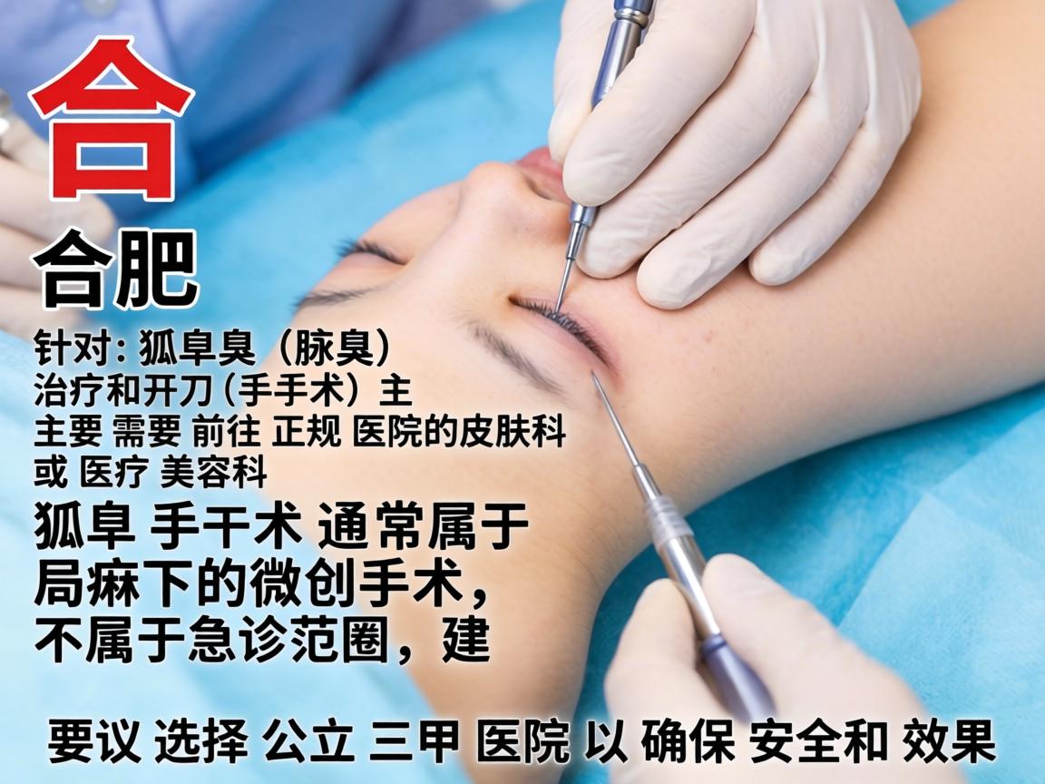 在合肥,针对狐臭(腋臭)的治疗和开刀(手术)主要需要前往正规医院的皮肤科或医疗美容科。狐臭手术通常属于局麻下的微创手术,不属于急诊范畴,建议选择公立三甲医院以确保安全和效果 在合肥,针对狐臭(腋臭)的治疗和开刀(手术)主要需要前往正规医院的皮肤科或医疗美容科。狐臭手术通常属于局麻下的微创手术,不属于急诊范畴,建议选择公立三甲医院以确保安全和效果