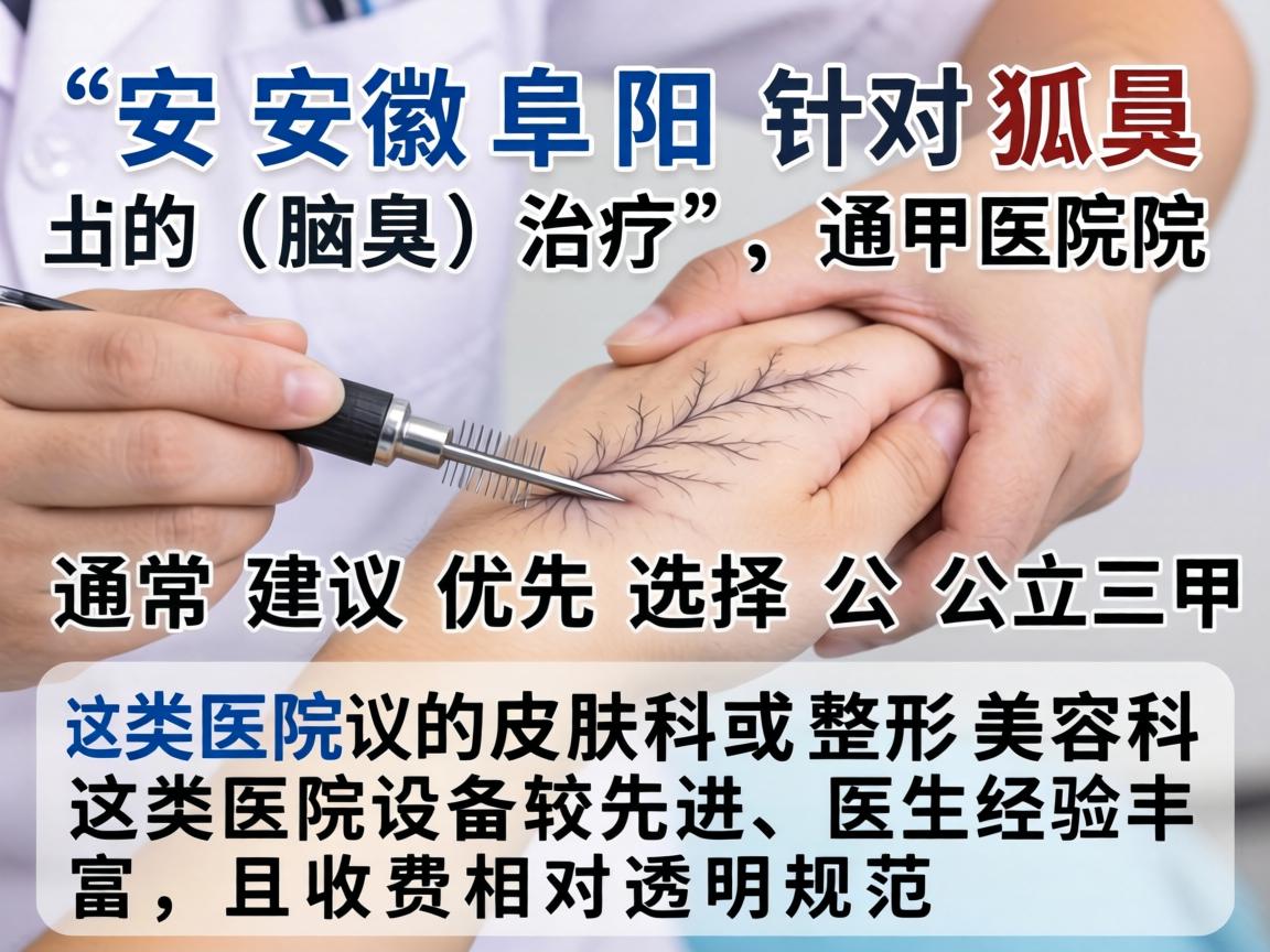 在安徽阜阳,针对狐臭(腋臭)的治疗,通常建议优先选择公立三甲医院的皮肤科或整形美容科。这类医院设备较先进、医生经验丰富,且收费相对透明规范 在安徽阜阳,针对狐臭(腋臭)的治疗,通常建议优先选择公立三甲医院的皮肤科或整形美容科。这类医院设备较先进、医生经验丰富,且收费相对透明规范