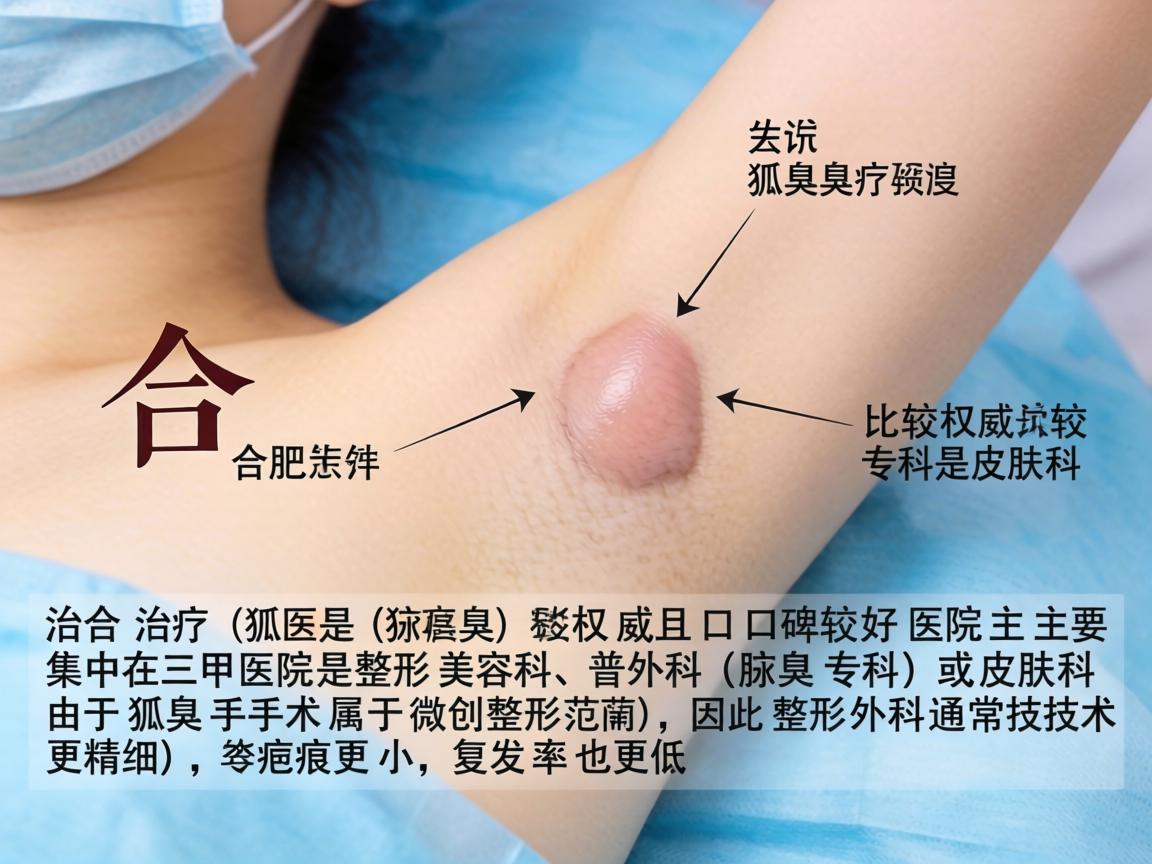 在合肥,治疗狐臭(腋臭)比较权威且口碑较好的医院主要集中在三甲医院的整形美容科、普外科(腋臭专科)或皮肤科。由于狐臭手术属于微创整形范畴,因此整形外科通常技术更精细,疤痕更小,复发率也更低 在合肥,治疗狐臭(腋臭)比较权威且口碑较好的医院主要集中在三甲医院的整形美容科、普外科(腋臭专科)或皮肤科。由于狐臭手术属于微创整形范畴,因此整形外科通常技术更精细,疤痕更小,复发率也更低