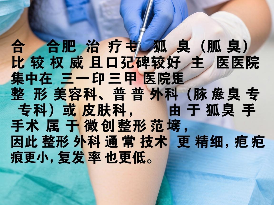 在合肥,治疗狐臭(腋臭)比较权威且口碑较好的医院主要集中在三甲医院的整形美容科、普外科(腋臭专科)或皮肤科。由于狐臭手术属于微创整形范畴,因此整形外科通常技术更精细,疤痕更小,复发率也更低 在合肥,治疗狐臭(腋臭)比较权威且口碑较好的医院主要集中在三甲医院的整形美容科、普外科(腋臭专科)或皮肤科。由于狐臭手术属于微创整形范畴,因此整形外科通常技术更精细,疤痕更小,复发率也更低