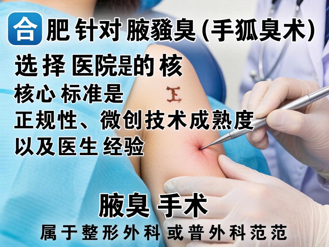 在合肥,针对腋臭(狐臭)手术,选择医院的核心标准是正规性、微创技术成熟度以及医生经验。腋臭手术属于整形外科或普外科范畴 在合肥,针对腋臭(狐臭)手术,选择医院的核心标准是正规性、微创技术成熟度以及医生经验。腋臭手术属于整形外科或普外科范畴
