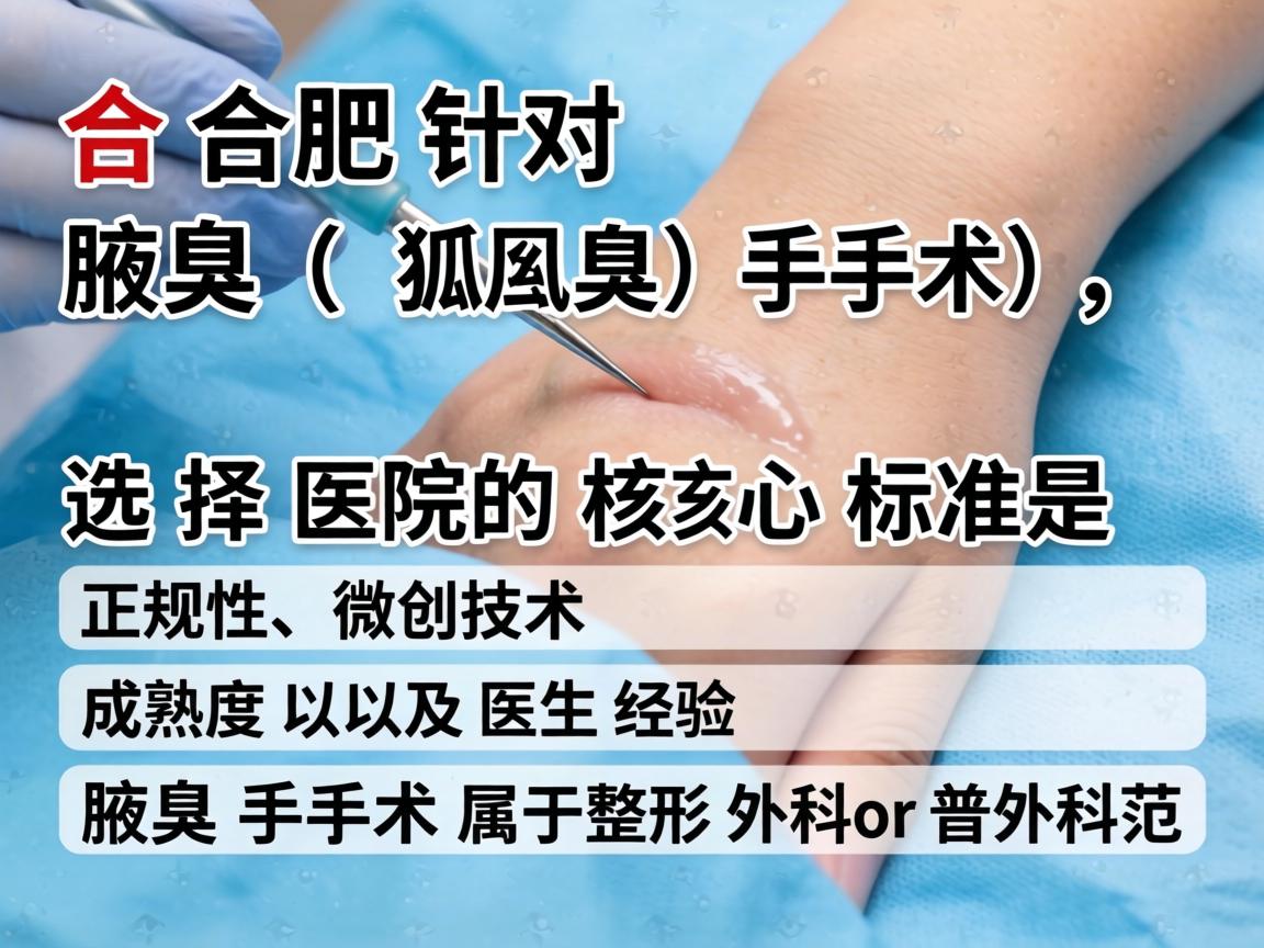 在合肥,针对腋臭(狐臭)手术,选择医院的核心标准是正规性、微创技术成熟度以及医生经验。腋臭手术属于整形外科或普外科范畴 在合肥,针对腋臭(狐臭)手术,选择医院的核心标准是正规性、微创技术成熟度以及医生经验。腋臭手术属于整形外科或普外科范畴
