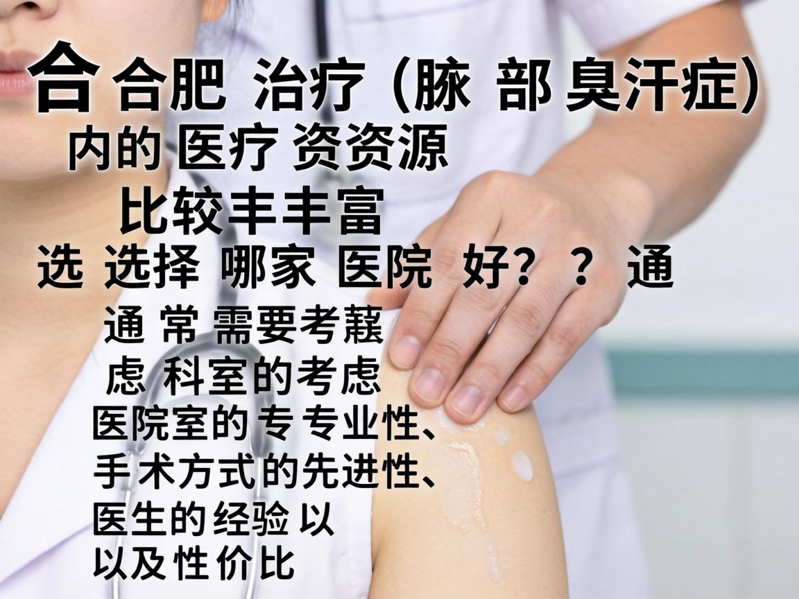 在合肥,治疗腋臭(腋部臭汗症)的医疗资源比较丰富。选择哪家医院好,通常需要考虑医院的科室专业性、手术方式的先进性、医生的经验以及性价比 在合肥,治疗腋臭(腋部臭汗症)的医疗资源比较丰富。选择哪家医院好,通常需要考虑医院的科室专业性、手术方式的先进性、医生的经验以及性价比