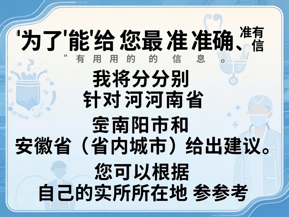 为了能给您最准确、有用的信息,我将分别针对河南省南阳市和安徽省(省内城市)给出建议,您可以根据自己的实际所在地参考 为了能给您最准确、有用的信息,我将分别针对河南省南阳市和安徽省(省内城市)给出建议,您可以根据自己的实际所在地参考