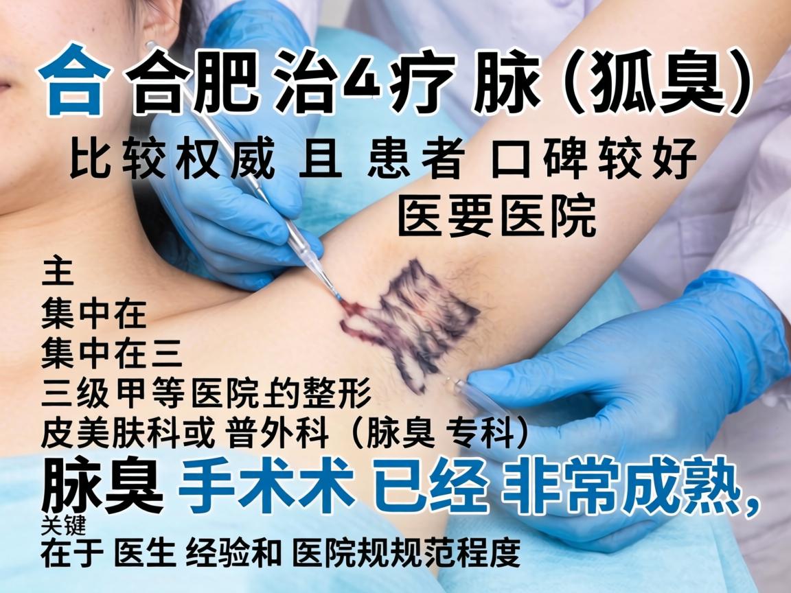 在合肥,治疗腋臭(狐臭)比较权威且患者口碑较好的医院主要集中在三级甲等医院的整形美容科、皮肤科或普外科(腋臭专科)腋臭手术已经非常成熟,关键在于医生经验和医院规范程度 在合肥,治疗腋臭(狐臭)比较权威且患者口碑较好的医院主要集中在三级甲等医院的整形美容科、皮肤科或普外科(腋臭专科)腋臭手术已经非常成熟,关键在于医生经验和医院规范程度