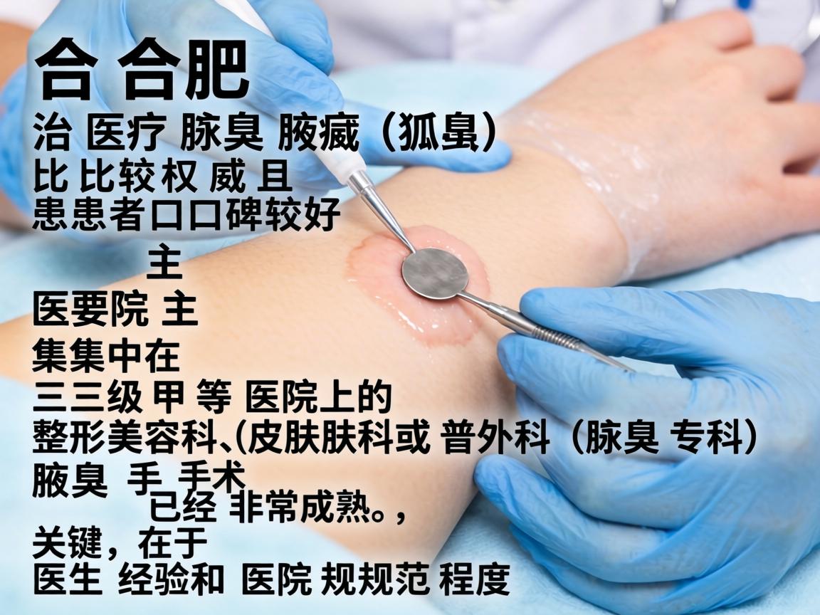 在合肥,治疗腋臭(狐臭)比较权威且患者口碑较好的医院主要集中在三级甲等医院的整形美容科、皮肤科或普外科(腋臭专科)腋臭手术已经非常成熟,关键在于医生经验和医院规范程度 在合肥,治疗腋臭(狐臭)比较权威且患者口碑较好的医院主要集中在三级甲等医院的整形美容科、皮肤科或普外科(腋臭专科)腋臭手术已经非常成熟,关键在于医生经验和医院规范程度